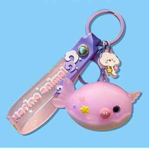 Pink Narwhal Keychain with Purple Strap
